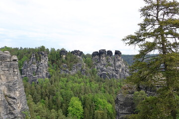 Rock formations of the Elbe sandstone mountains around the Bastei bridge in Saxony, Germany