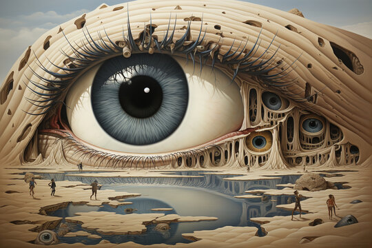 Large observing eye in the desert illustration surrealism postmodernism art