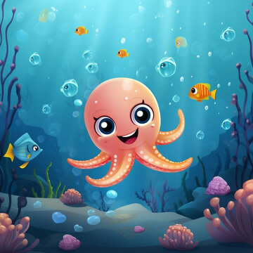 Underwater cartoon illustration, undersea game background with marine life. cute octopus, fish, coral