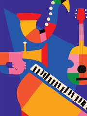 Modern music poster with abstract and minimalistic musical instruments assembled from colorful geometric forms and shapes. Vibrant musical collage with guitar, saxophone, trumpet and piano - 631096774