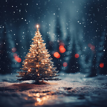 blurred christmas tree, snow, christmas, background. Made with generative ai