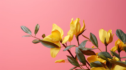 A vibrant bouquet of yellow flowers on a soft pink background