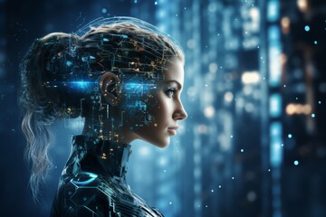 Photo of a modern woman with a sleek ponytail in a futuristic urban landscape created with Generative AI technology