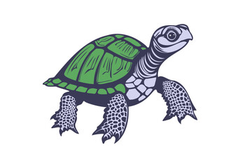 Vector cartoon graphic swimming turtle with a green shell on a white isolated background.
