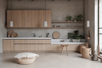 Fototapeta na wymiar Interior of a modern, contemporary living and kitchen space. wood and white colors. Generative AI