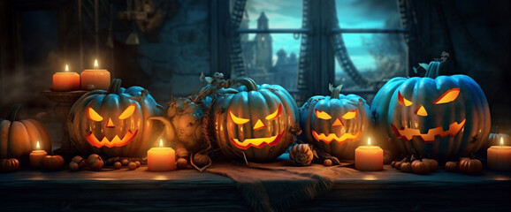 cemetery blue table fear background night pumpkin halloween mystery horror evil. Generative AI.