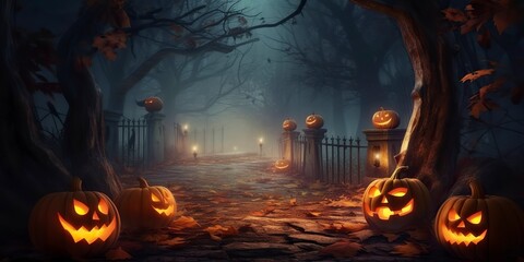 Horrible illuminated pumpkins in a spooky forest, banner for Halloween. Ai generated.