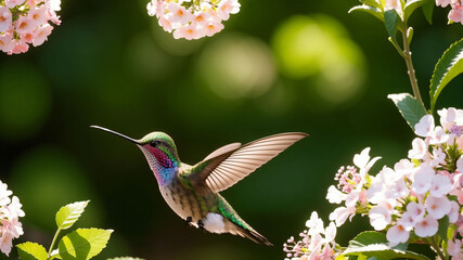 a hummingbird flying over a cluster of pink flowers in a forest