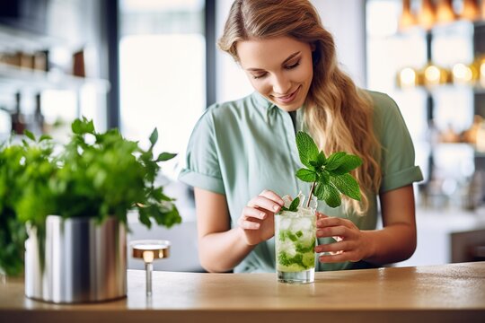 A woman enjoys a refreshing self-made mojito in her cozy kitchen, embracing the taste of summer.