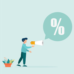 Businessman holding a megaphone and a percent sign. Business vector illustration concept. Flat style.
