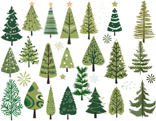 Hand-drawn vector collection of Christmas trees, adorned with festive ornaments, stars, snowflakes. Christmas symbols Perfect for web, banner, card. Vector.