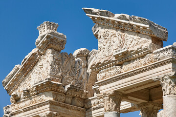 Tetrapylon ancient monument detail in Aphrodisias. Archaeology landmark in Turkey