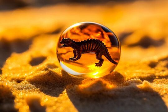 Boule d'ambre avec un b&eacute;b&eacute; dinosaure en inclusion - Morceau d'ambre jaune contenant un embryon de dinosaure - G&eacute;n&eacute;rative IA