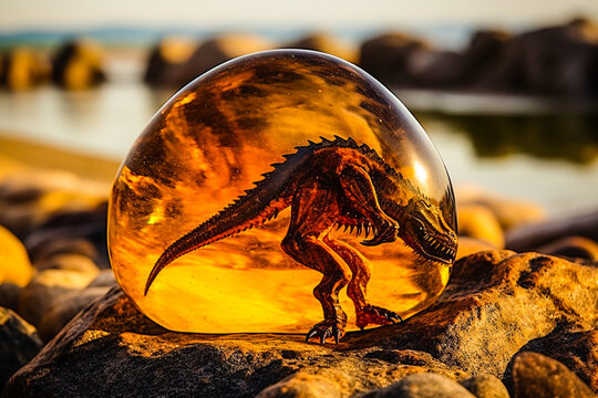 Boule d'ambre avec un b&eacute;b&eacute; dinosaure en inclusion - Morceau d'ambre jaune contenant un embryon de dinosaure - Fossile - G&eacute;n&eacute;rative IA