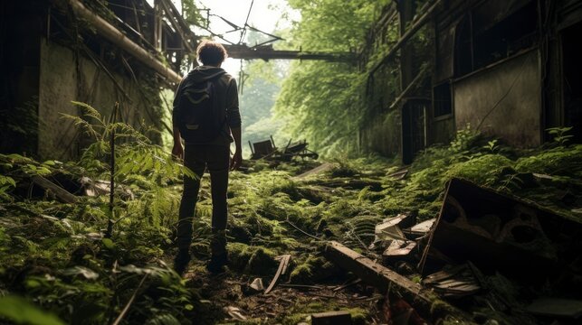  Man exploring a ruined building with plants and vines illustration
