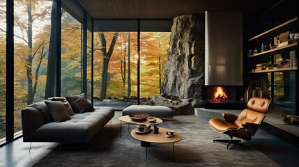 Living room interior with fireplace made with Ai generative technology, Property is fictional