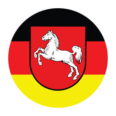 Circle badge coat of arms over flag of Lower Saxony, German. Vector flag Lower Saxony button roundel illustration isolated on white background. Province in Germany banner, Niedersachsen. 