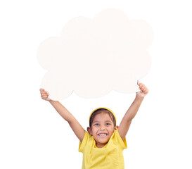 Girl, excited and portrait, speech bubble and voice with social media isolated on png transparent background. Young female kid, mockup space and opinion, dialogue and chat with quote and feedback