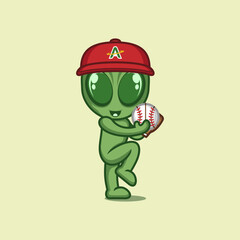 cute cartoon alien playing baseball