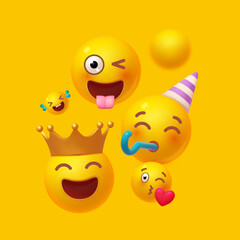 Joy, happy and fun. Yellow balls with faces. Emotion expression . Holiday, singing, joy, fun, party, laughter, music, concert, birthday, win and special offer.