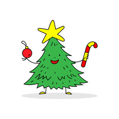 Colored vector illustration of a festive tree with decorations and attributes