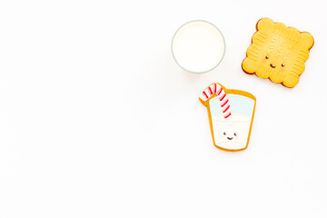 Funny food for kids, top view. Milk and cookies for breakfast