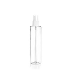 Transparent cylindrical PET bottle container with white spray pump. Packaging of antiseptic. Template of a bottle for cosmetics and medical products.  Isolated on white background.