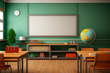 Empty junior high school classroom with a clean white blackboard