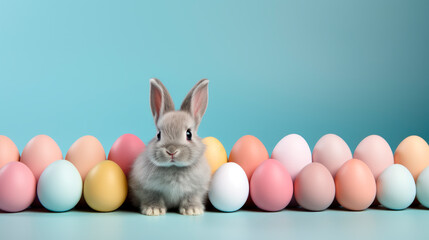 Easter rabbit with color painted eggs on blue background