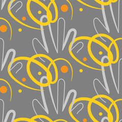 Vector colored seamless pattern of curved lines and different shapes on a gray background