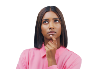 African woman, business and thinking of ideas, brainstorming or marketing decision, planning and focus. Professional designer person, vision emoji and solution isolated on transparent png background