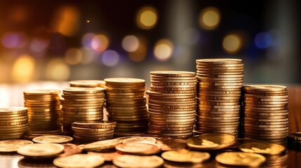 Stack of coins on blur bokeh light background 