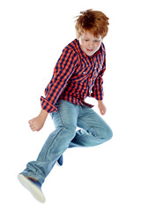 Jump, young boy and child with fashion or energy on isolated, transparent or png background with...