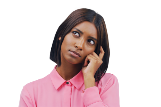 African woman, business ideas and thinking, brainstorming for marketing decision, planning or doubt. Young designer person with vision and problem solving emoji isolated on transparent png background