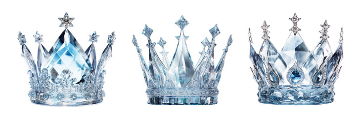 Crystal crown isolated, set crystal crowns on a transparent background, collection, png
