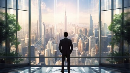 Fototapeta na wymiar A successful businessman fiction standing in front of modern building 