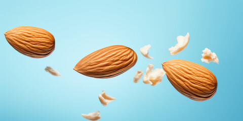 Closeup of almond nuts falling surrounded by almond crumbs isolated on flat blue background with copy space. 3d render illustration style. 