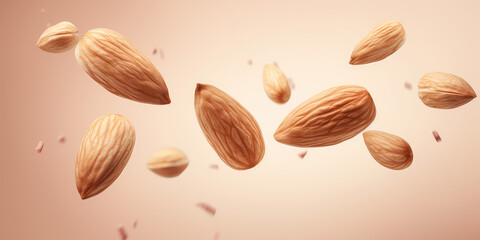 Closeup of almond nuts falling surrounded by almond crumbs isolated on flat pink background with copy space. 3d render illustration style. 