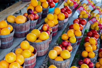 Wide variety of homegrown fruits on wooden basket and shelves at roadside market stand in Santa Rosa, Destin, Florid, fresh picked peaches, plums, cherries, oranges summer harvest stall