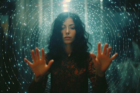 A young woman stands in a tunnel of blue and white lights with her hands raised and as if trying to touch the space, which is distorted by translucent spherical waves. Mystical and magical vibes.