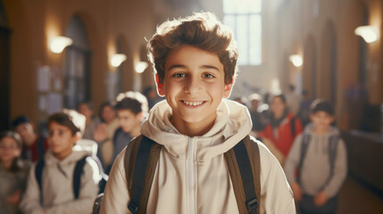 Back to school concept. Portrait of caucasian school boy with backpack in school environment.