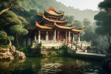 beautiful view of a temple by the pond