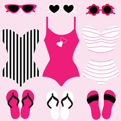 Obraz na płótnie Canvas Vector retro bikini clipart with swimwear, sunglasses and flip flops 