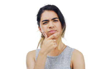 Portrait, thinking and woman with doubt, confused and model isolated on a transparent background. Png, female person and girl with questions, why and brainstorming with emoji and problem solving