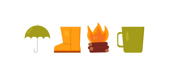 Set on the theme of comfort and warmth in autumn.
A burning campfire, ugg boots, a green umbrella, a green cup for a warming drink.
Vector illustration isolated on white background.