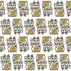 Maneki neko cat with coin seamless background. Line japanese symbol wishing good luck with raised paw. Cartoon vector pattern of wealth, happiness, fortune.