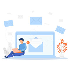 People Business Mail Laptop. Vector Design. Young male character office worker working with a laptop and opens an email.  Flat vector cartoon illustration