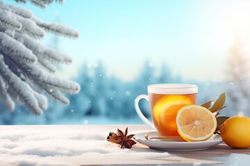  tea on winter background with copy space, ai generated - obrazy, fototapety, plakaty
