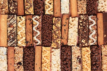 Various Energy Bar, Diet Snack Concept Food Background