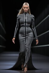Futuristic Fashion Model on Runway.
Model in optical illusion dress striding on a dark, abstract runway.
